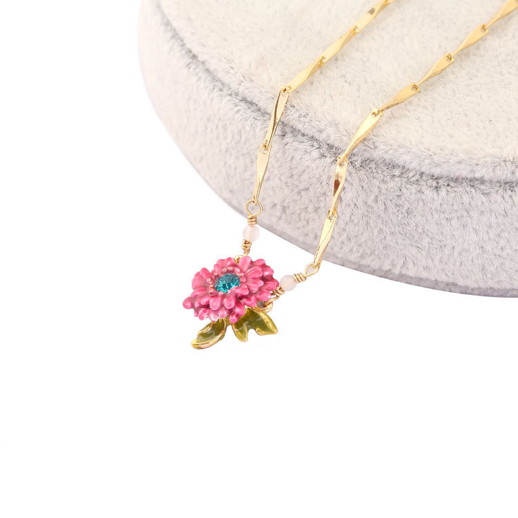 Plant Series Colored Daisy Flower Necklace Green Leaf Set Sapphire Clavicle Chain