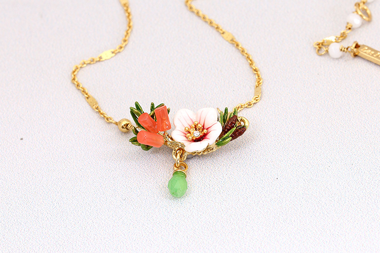 Plating Gold Fund Enamel Glaze Cotton Rose Flower Crystal Drip Necklace Clavicle Chain