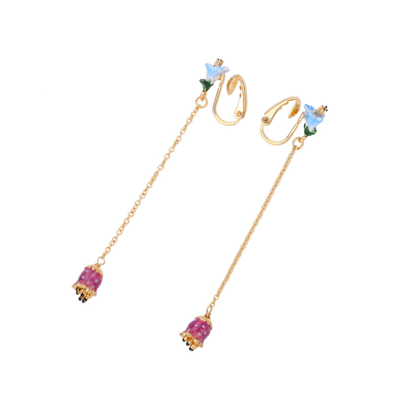 Purple Bell Orchid Long Tassel Enamel Earrings Jewelry Stud Earrings