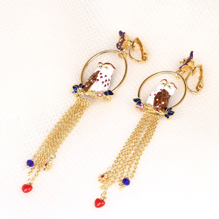 Purple Owl Long Tassel  Enamel Earrings Jewelry Stud Earrings