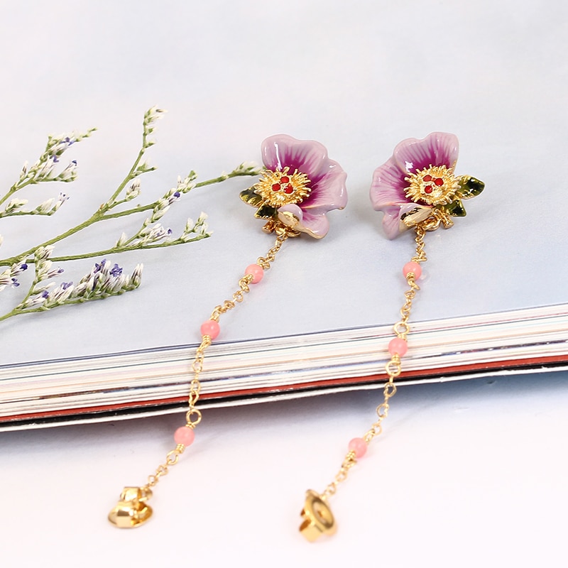 Purple Peony Flower beads Tassel Enamel Earrings Jewelry Stud Earrings