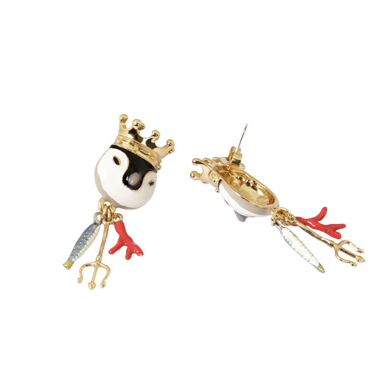 Crown Penguin Fork Enamel Earrings Jewelry Stud Clip Earrings