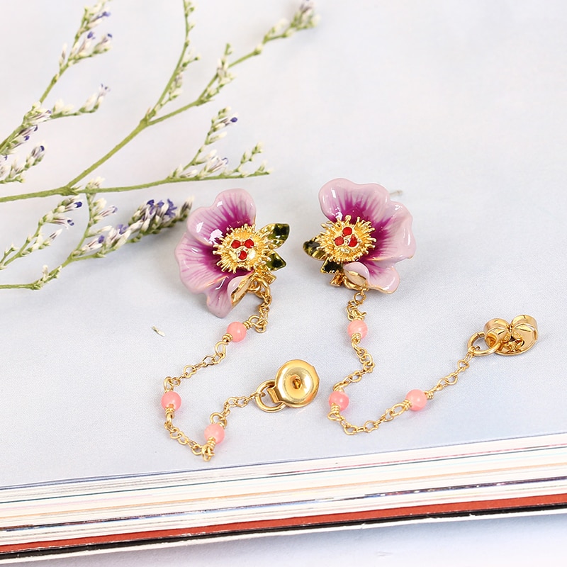 Purple Peony Flower beads Tassel Enamel Earrings Jewelry Stud Earrings