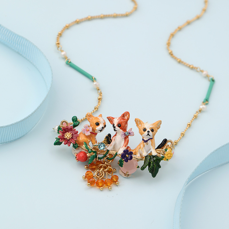 Chihuahuas Puppy Dog on A Flowered Branch Necklace