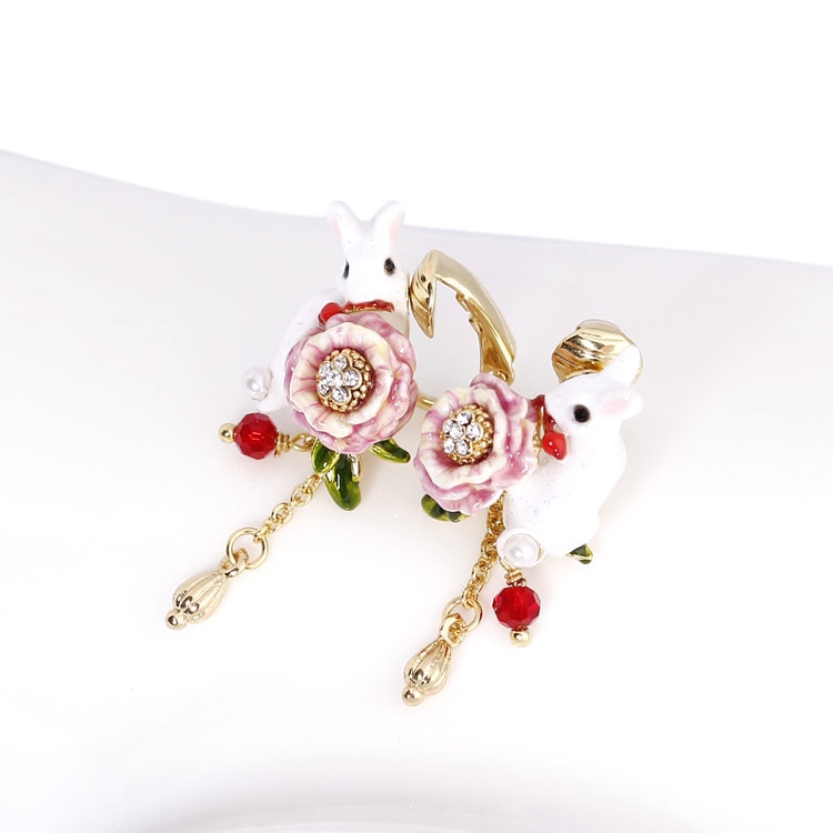 Rabbit Flower Tassel Enamel Earrings Jewelry Stud Clip Earrings