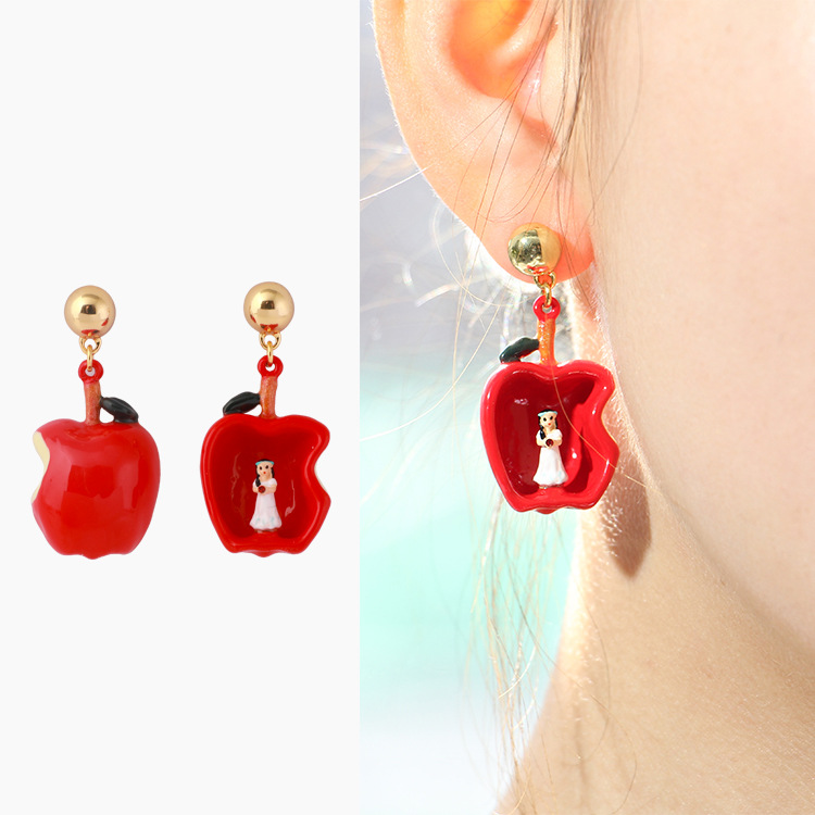 Red Apple Asymmetry Enamel Earrings Jewelry Stud Clip Earrings