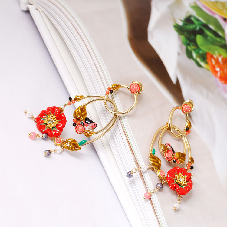 Red Flower Circle Tassel Enamel Earrings Jewelry Stud Earrings