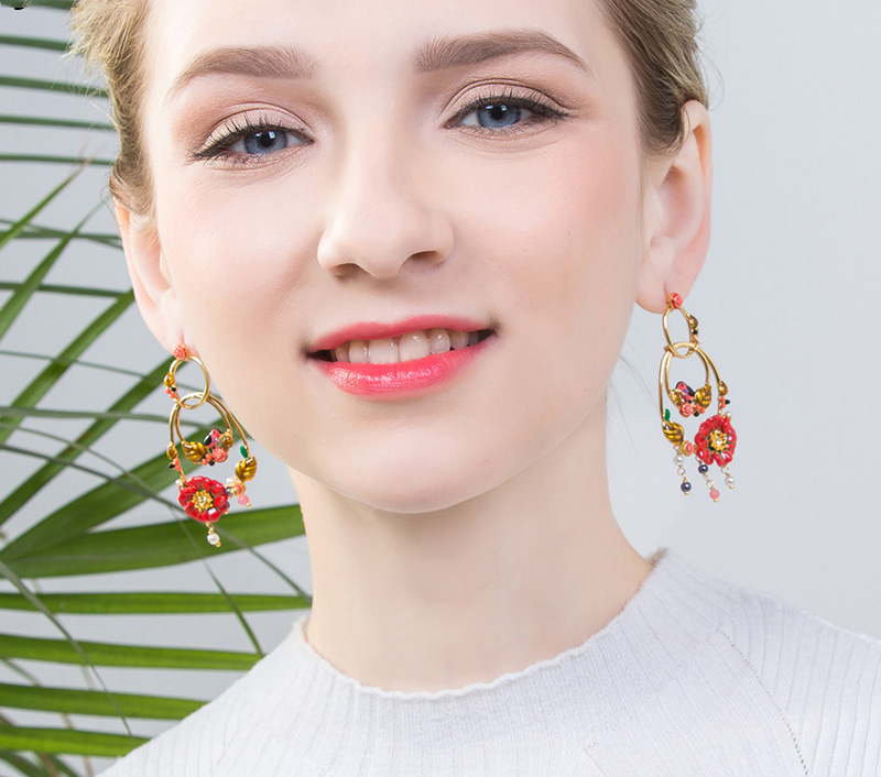 Red Flower Circle Tassel Enamel Earrings Jewelry Stud Earrings