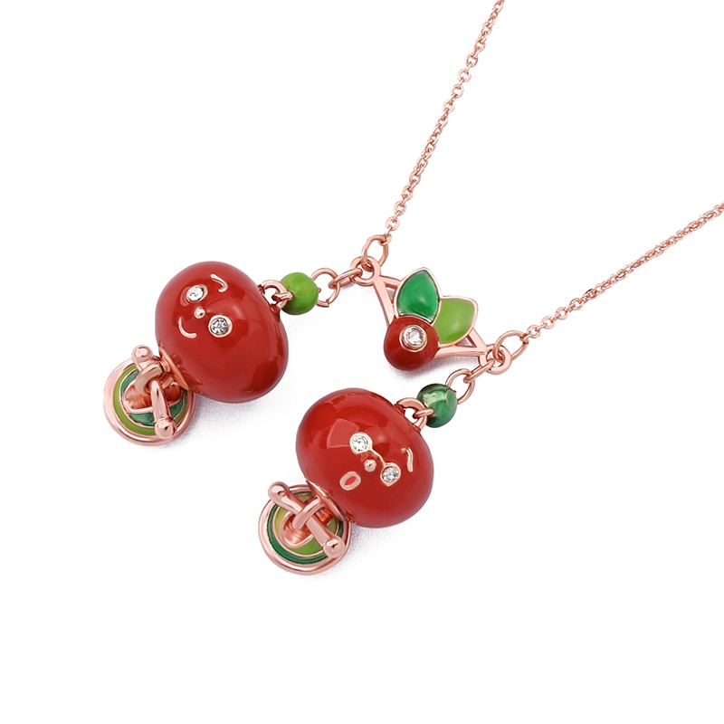 Red Fruit Pendant Hand Painted Enamel Gold Plated Necklace