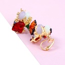 Three-dimensional Pink Flower Blue Tit Birdie Adjustable Wedding Ring Gilded Jewelry