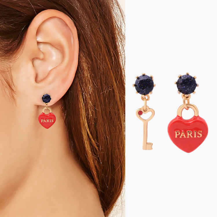 Red Heart Key Enamel Earrings Jewelry Stud Clip Earrings