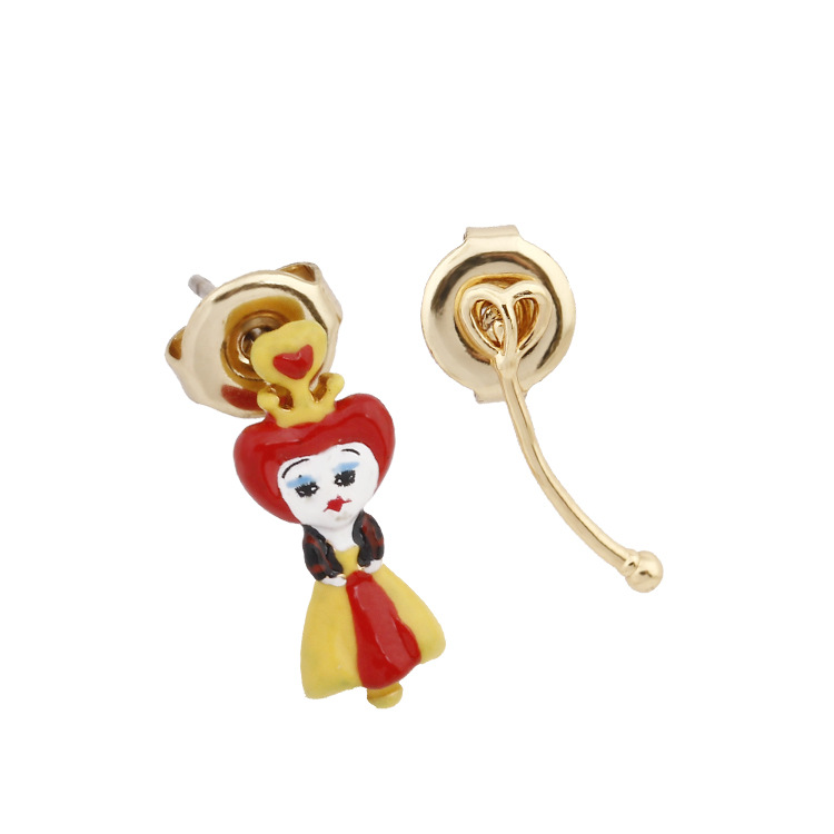 Red Heart Queen Magic Wand Asymmetry Enamel Earrings Jewelry Stud Earrings