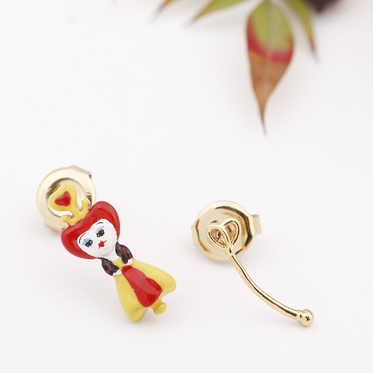 Red Heart Queen Magic Wand Asymmetry Enamel Earrings Jewelry Stud Earrings