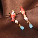 Red Parrot Pearl Water-drop Enamel Earrings Jewelry Stud Earrings