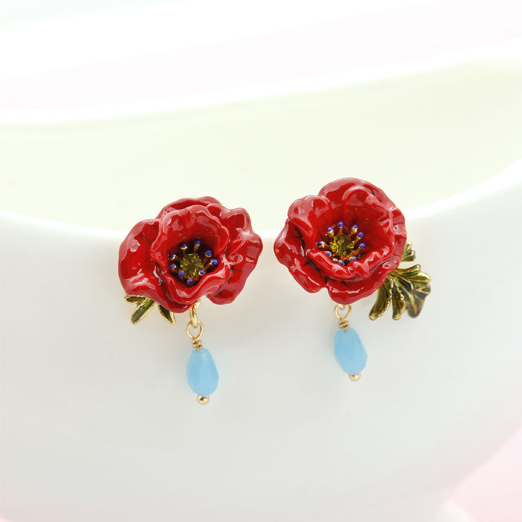 Red Peony Water Drop Enamel Earrings Jewelry Stud Clip Earrings