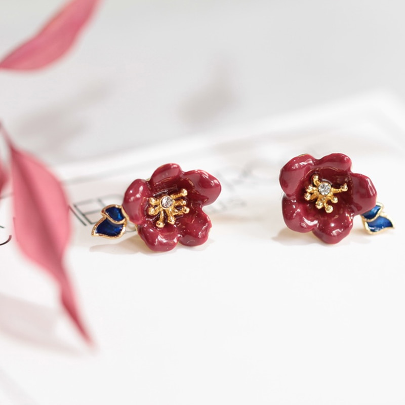 Red Plum Blossom Enamel Flower Earrings Jewelry Stud Earrings