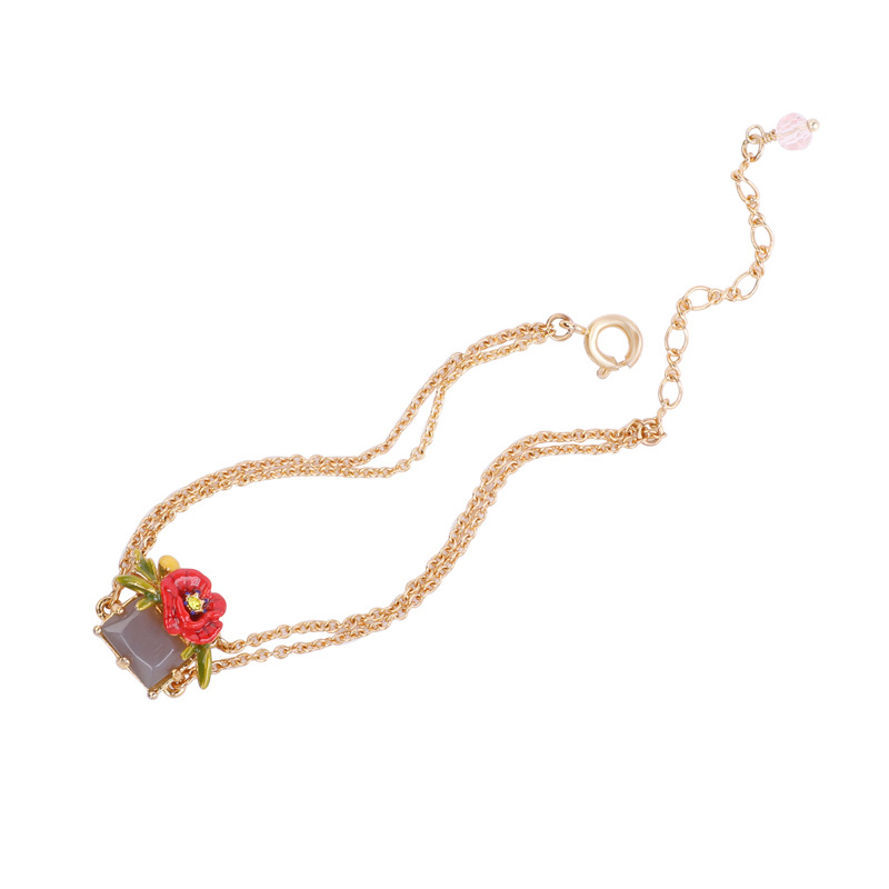 Red Rose Gem Pendant Gold Plated Jewelry Enamel Bracelet