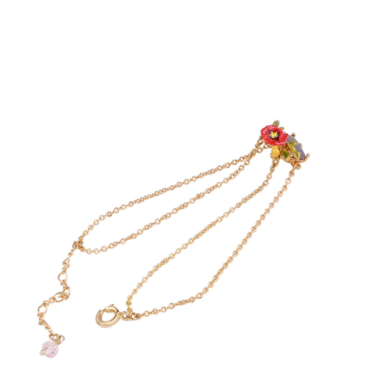 Red Rose Gem Pendant Gold Plated Jewelry Enamel Bracelet