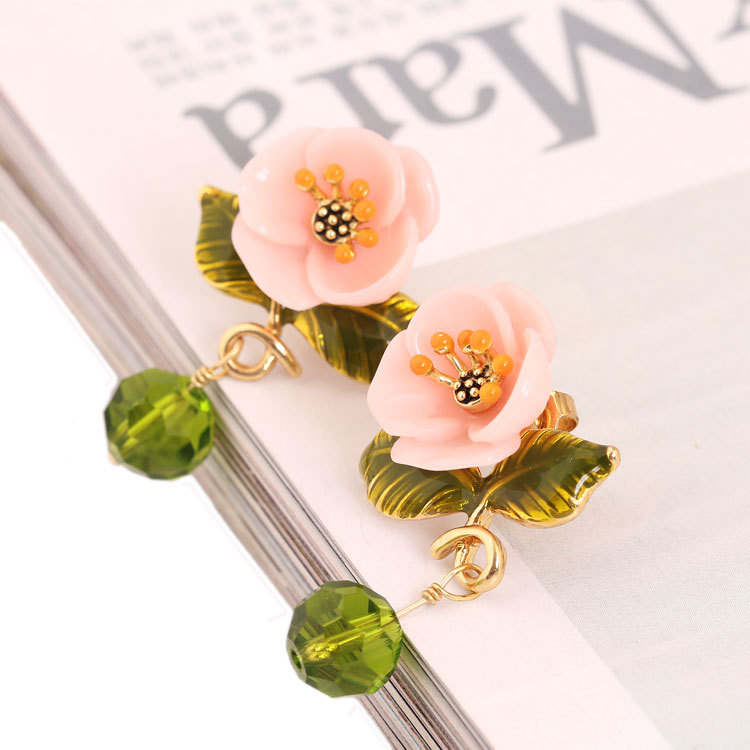 Resin Flower Green Leaf Enamel Earrings Jewelry Stud Earrings