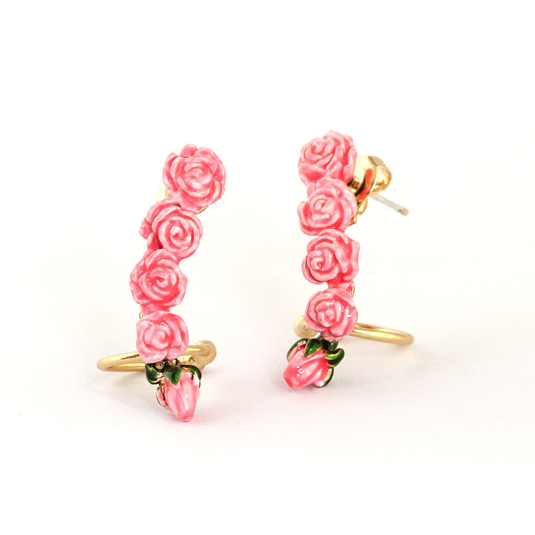 Rose Garden Series Pink Rosette Flower Stud Earrings 14K Gold Plated 925 Silver Needle