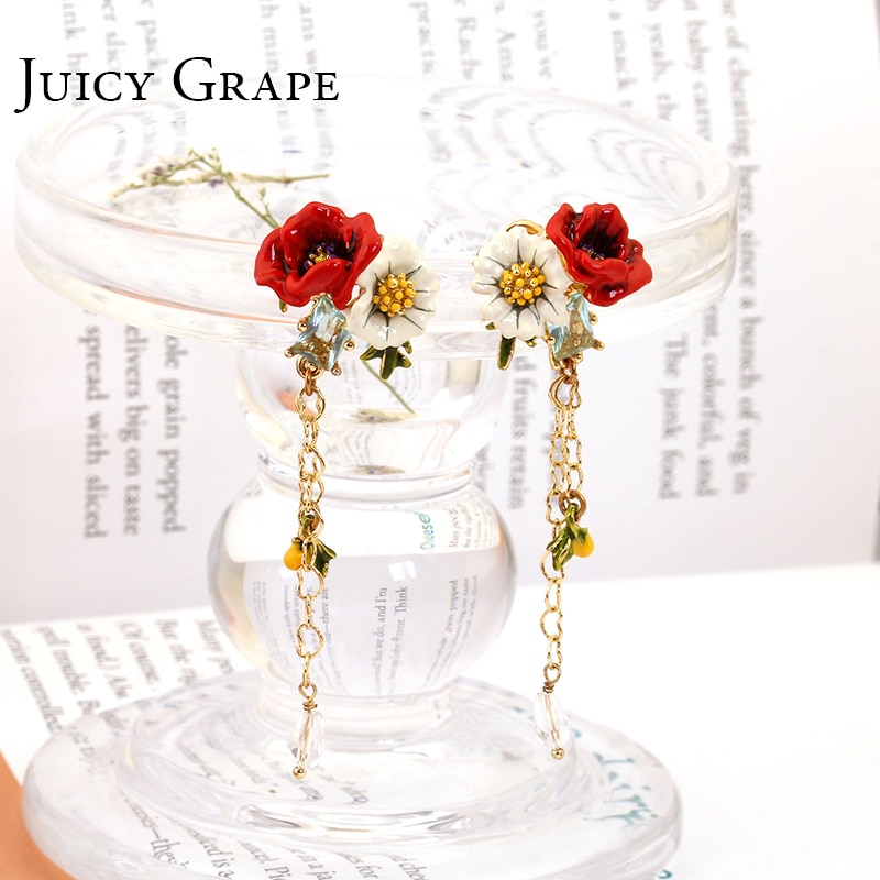Red Rose White Daisy Long Tassel Enamel Earrings Jewelry Stud Earrings