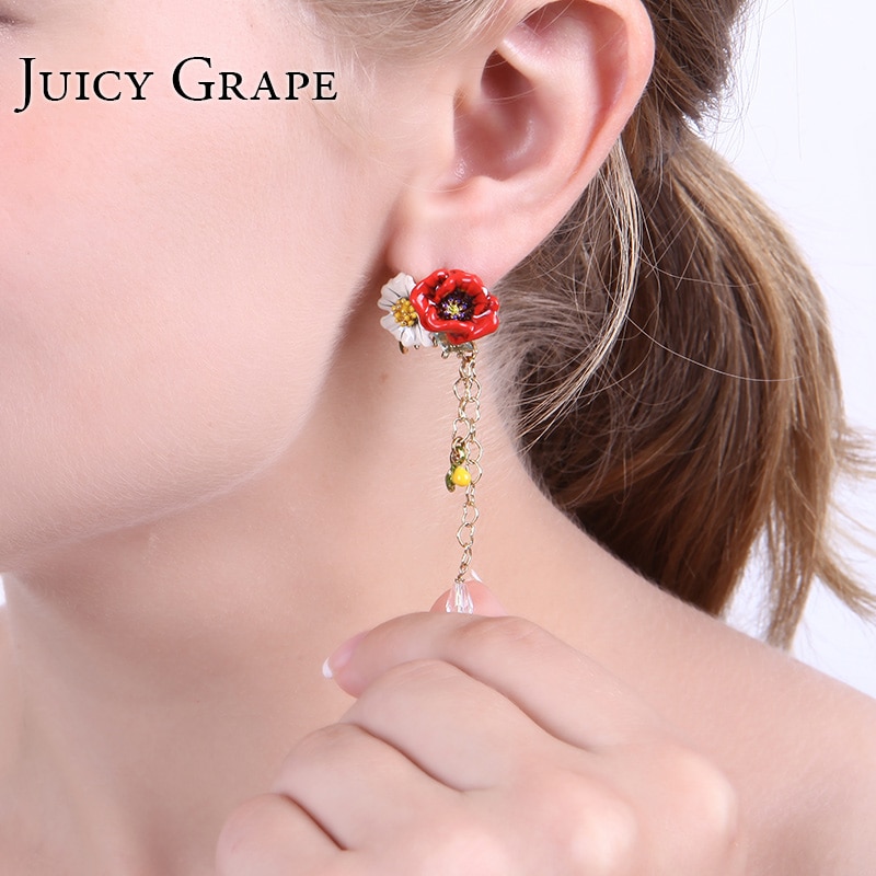 Red Rose White Daisy Long Tassel Enamel Earrings Jewelry Stud Earrings