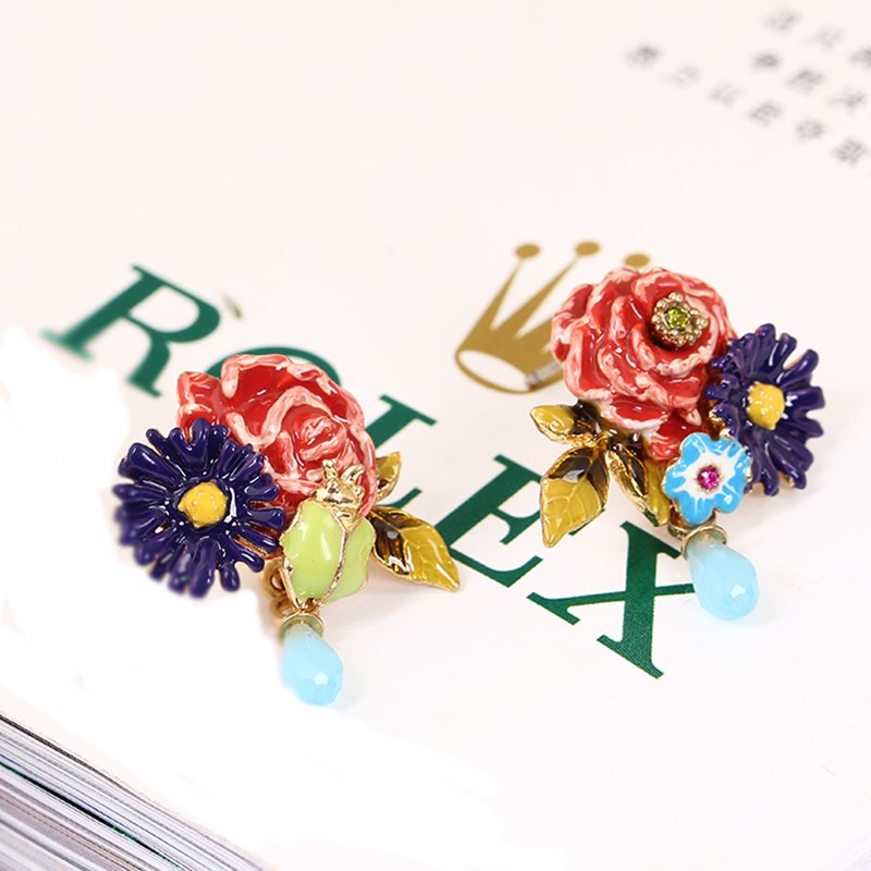 Violet Peony Flower Water-drop Enamel Earrings Jewelry Stud Earrings