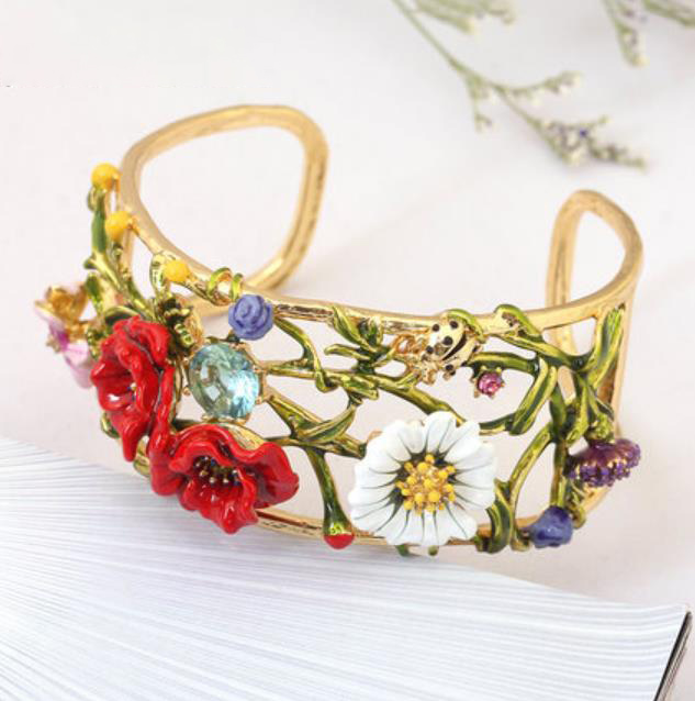 Flower And Crystal Enamel Bangle Bracelet