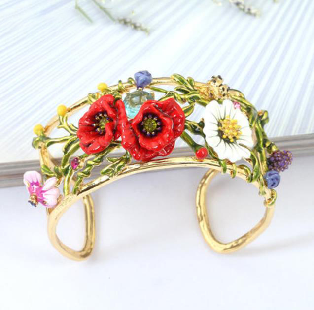 Flower And Crystal Enamel Bangle Bracelet