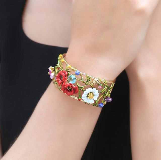 Flower And Crystal Enamel Bangle Bracelet