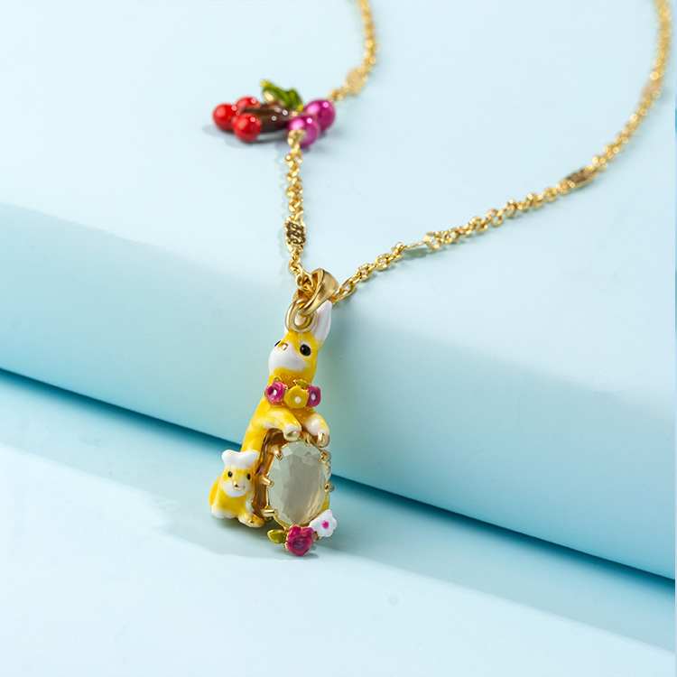 Yellow Rabbit And Stone Pendant Enamel Necklace