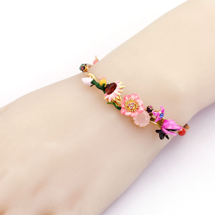 Pink Flower Lotus And Stone Enamel Bracelet