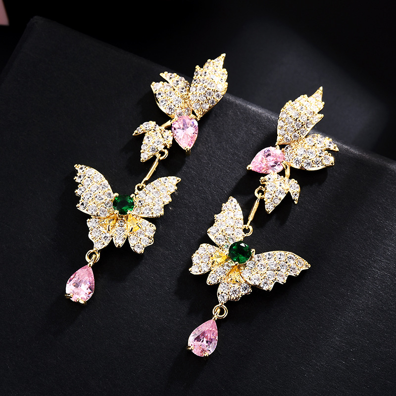 S925 Silver Needle Butterfly Earrings Fashion Fairy Color Zircon Earrings