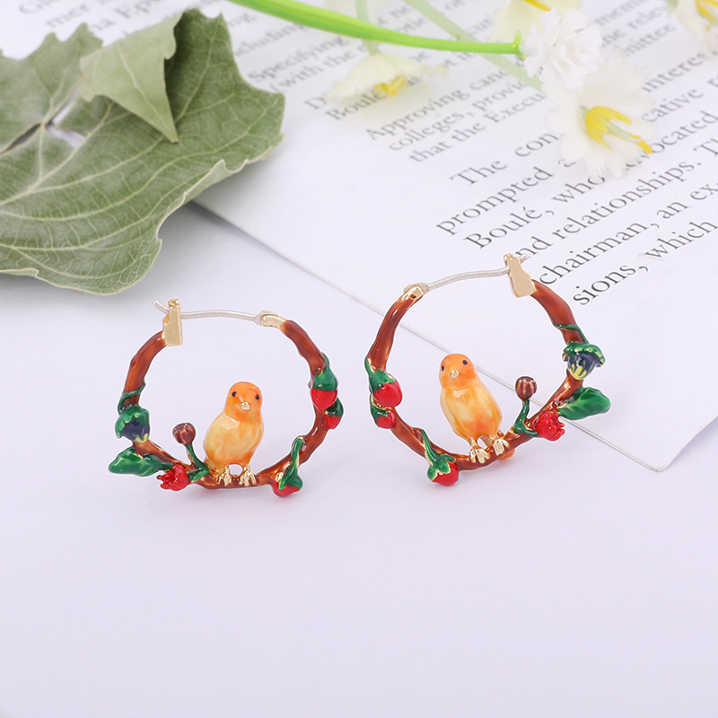 Hand Painted Enamle Glazed Strawberry Inlaid Gem Earrings Gold Plated Copper