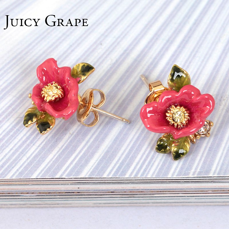 Pink Flower Leaf Enamel Earrings Jewelry Stud Earrings
