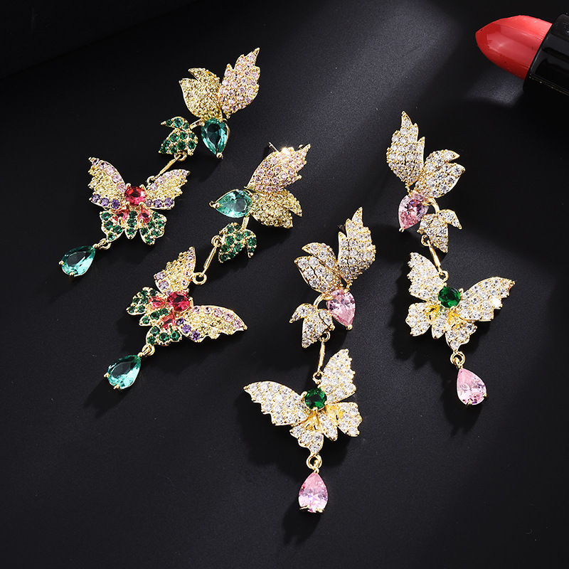 S925 Silver Needle Butterfly Earrings Fashion Fairy Color Zircon Earrings