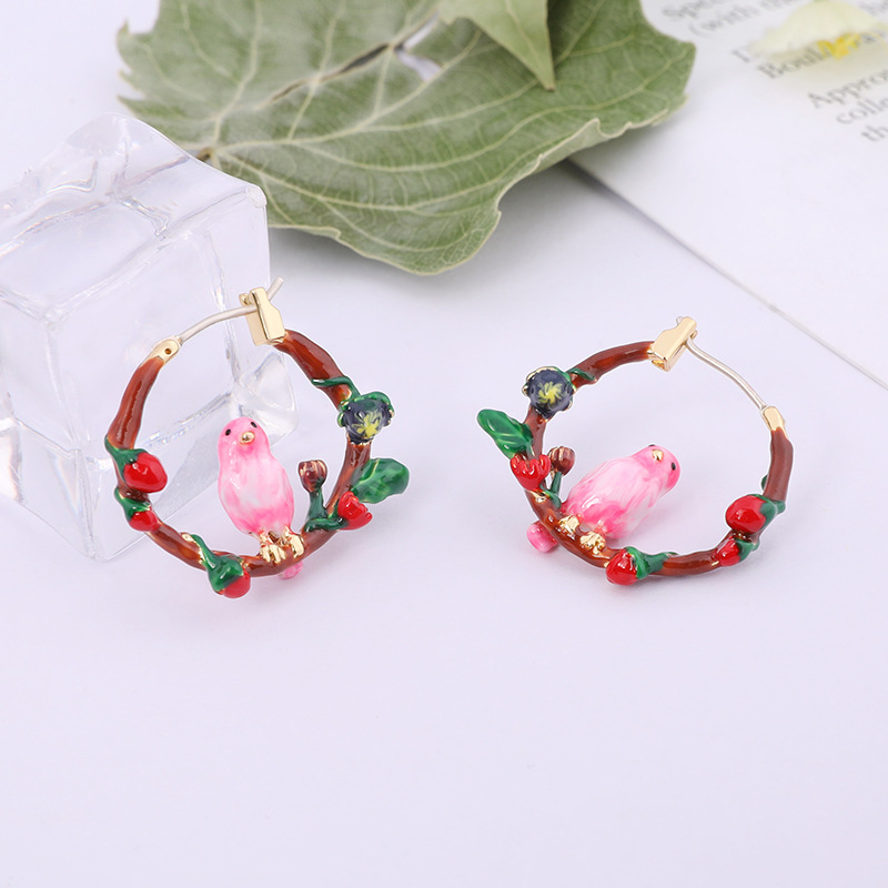 Small Bird Garland Enamel Earrings Stud Clip Earrings