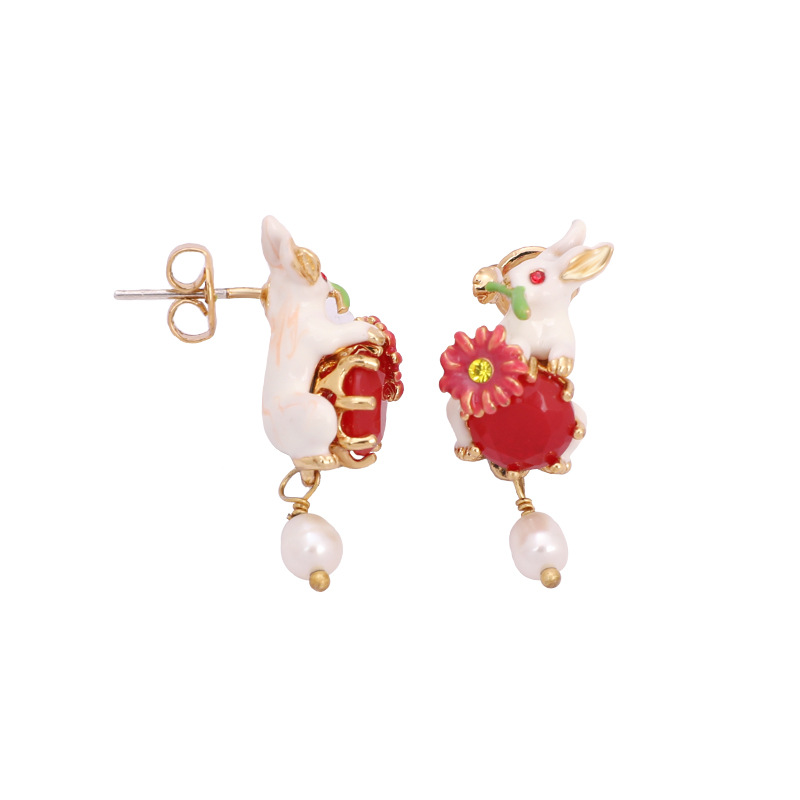 Rabbit Ruby Enamel Earrings Jewelry Stud Earrings