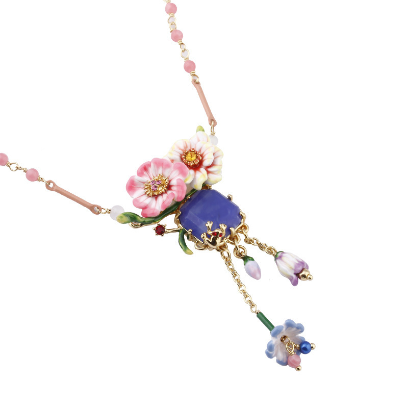 Flower And Blue Stone Tassel Pendant Enamel Necklace