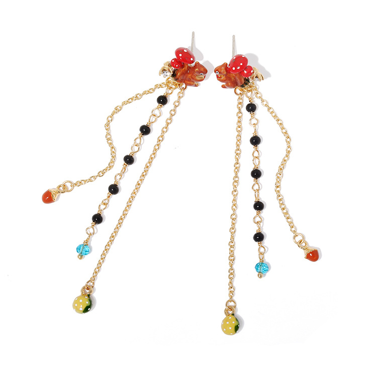 Squirrel Long Tassel Beads Enamel Earrings Jewelry Stud Earrings