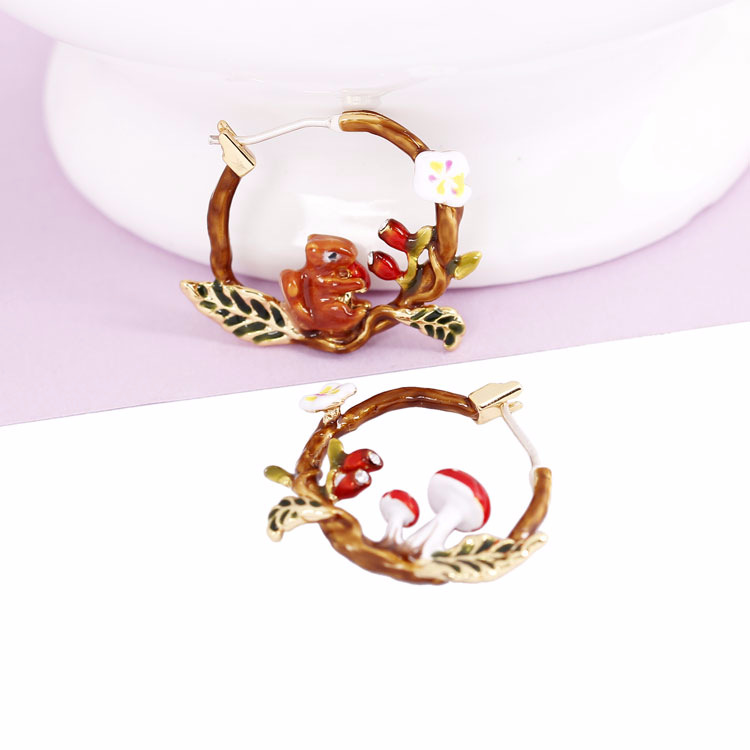 Squirrel Red Mushroom Asymmetry Enamel Earrings Jewelry Earrings