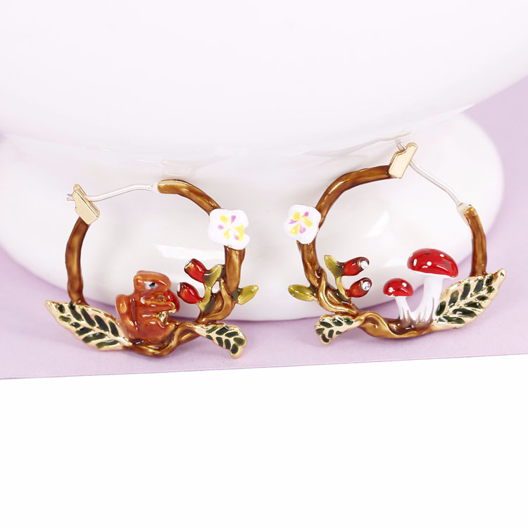 Squirrel Red Mushroom Asymmetry Enamel Earrings Jewelry Earrings