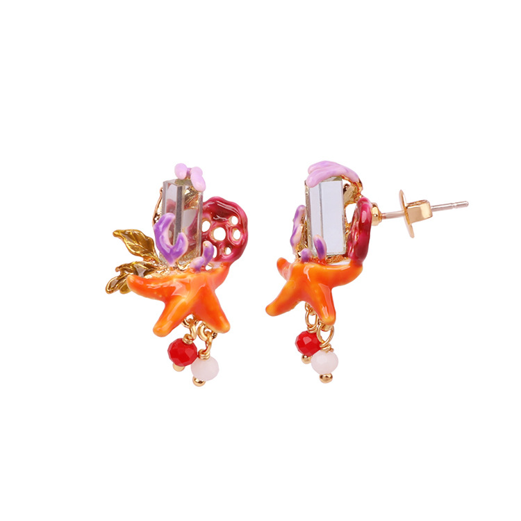 Starfish Sapphire Enamel Earrings Jewelry Stud Clip Earrings