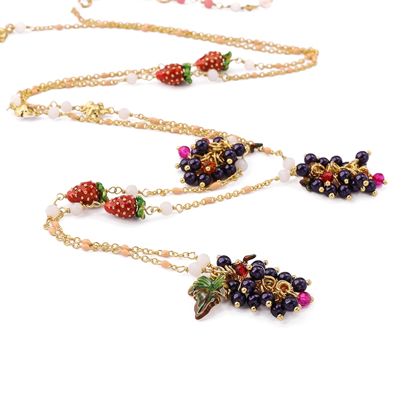 Strawberry Leaf Grape Pendant Enamel Gold Plated Chain Necklace