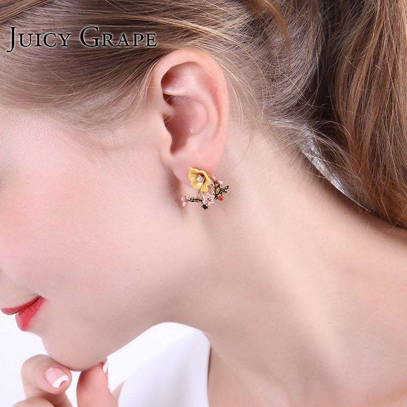 Yellow Flower Branch Enamel Earrings Jewelry Stud Earrings