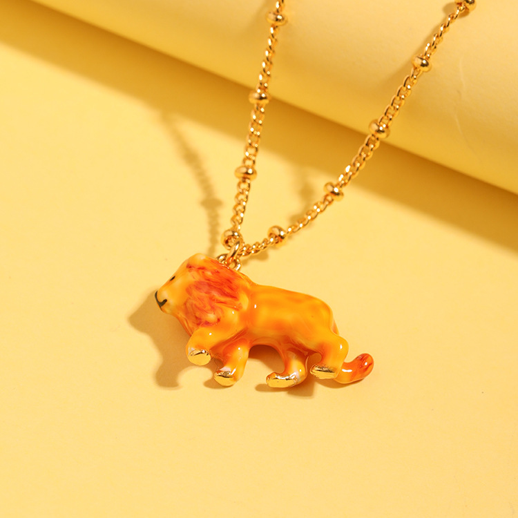 Yellow Handmade Enamel Glaze Lion Pendant Necklace Collarbone Chain