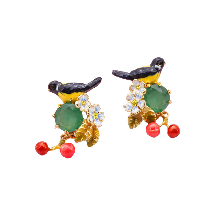 Yellow Ostrich Emerald Cherry Enamel Earrings Jewelry Stud Clip Earrings