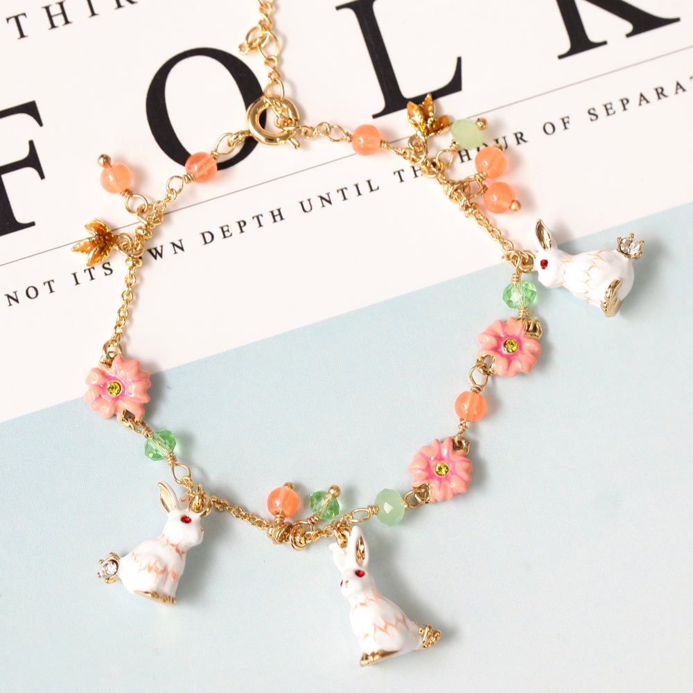 Three Rabbit Pendant Flower Alice Series Enamel Bracelet