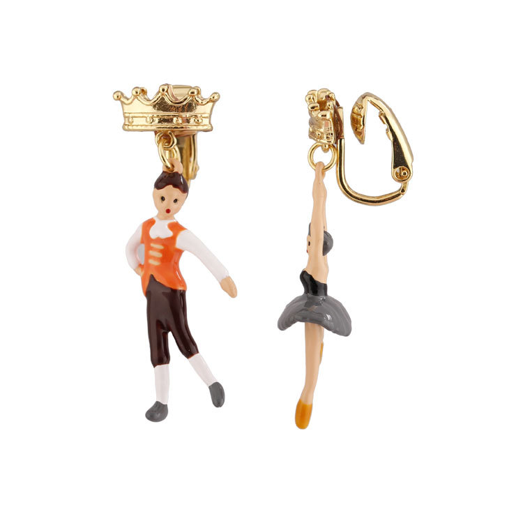 Ballet Girl and Boy Asymmetry Enamel Earrings Jewelry Stud Clip Earrings