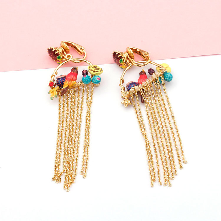 Bird Flower Long Tassel Enamel Earrings Jewelry Stud Clip Earrings